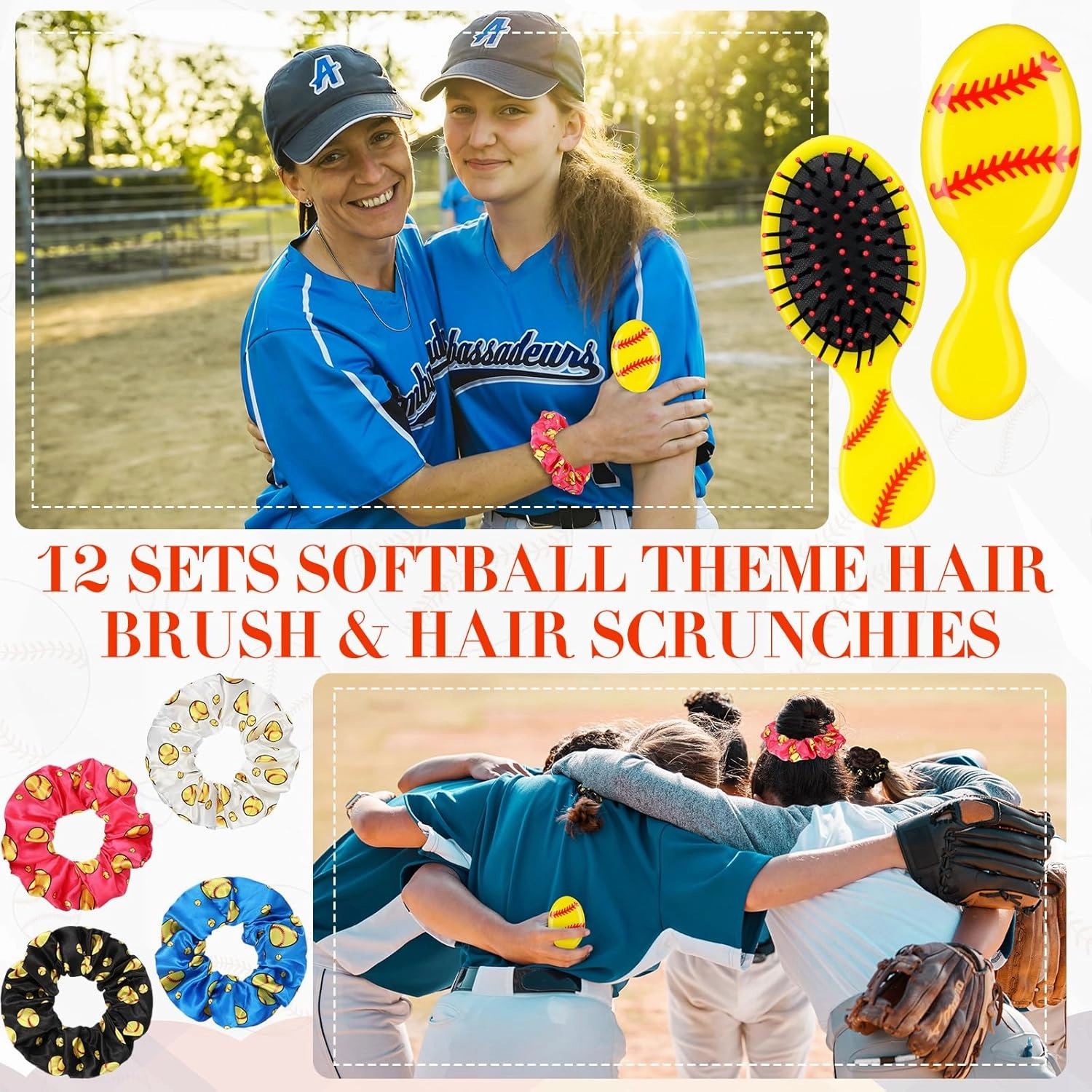Zeyune 24 Pcs Softball Party Favors Gifts for Girls Includes 12 Softball Hair Scrunchies 12 Mini Detangling Hair Brushes Accessories for Girls Gifts Team Sport Goodie Bag Stuffers