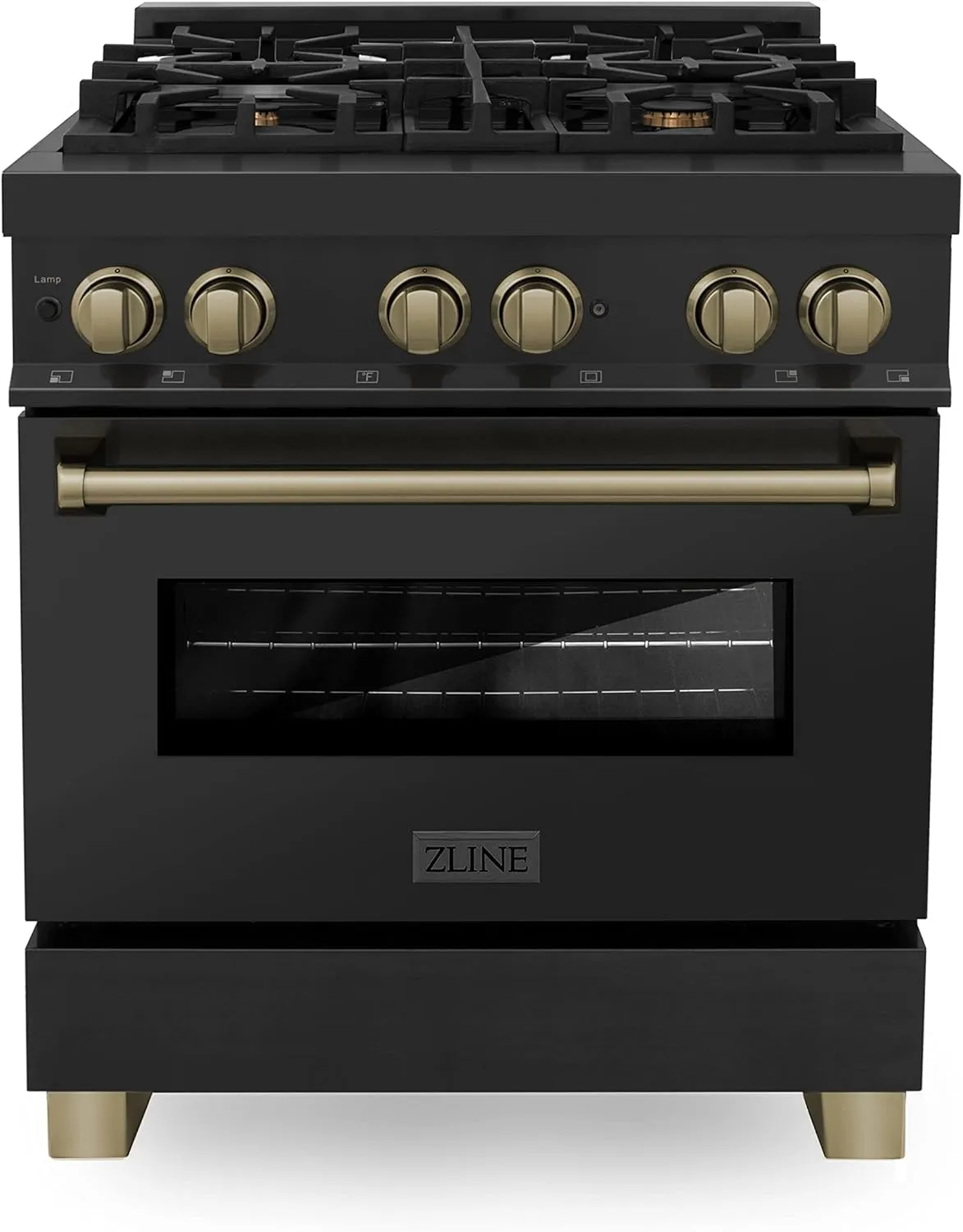 ZLINE Autograph Edition 30 in. 4.0 cu. ft. Legacy Dual Fuel Range with 4 Burner Gas Cooktop and Electric Convection Oven in Black Stainless Steel and Champagne Bronze Accents (RABZ-30-CB)