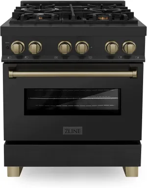 ZLINE Autograph Edition 30 in. 4.0 cu. ft. Legacy Dual Fuel Range with 4 Burner Gas Cooktop and Electric Convection Oven in Black Stainless Steel and Champagne Bronze Accents (RABZ-30-CB)