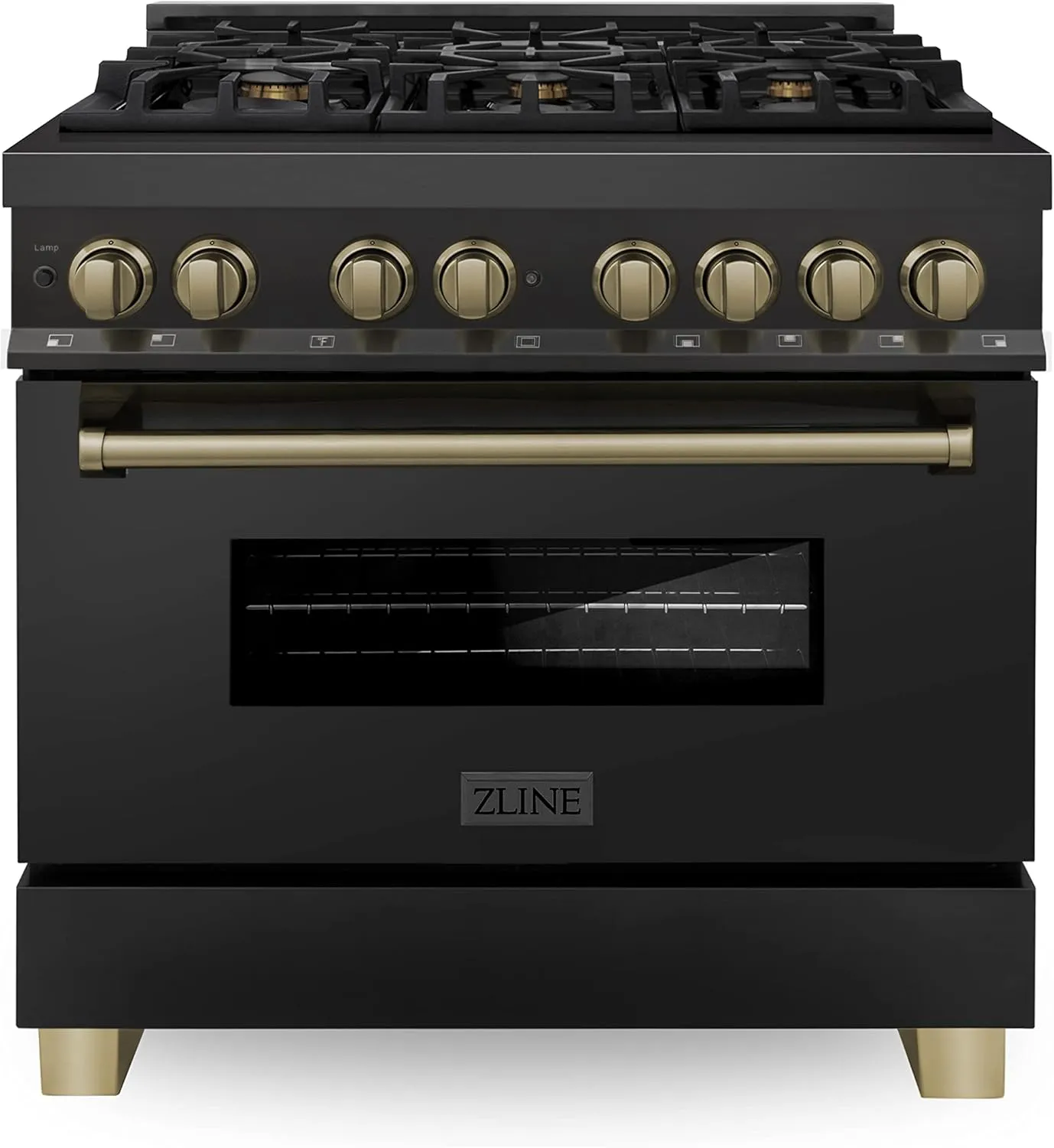 ZLINE Autograph Edition 36 in. 4.6 cu. ft. Legacy Dual Fuel Range with 6 Burner Gas Cooktop and Electric Convection Oven in Black Stainless Steel and Champagne Bronze Accents (RABZ-36-CB)