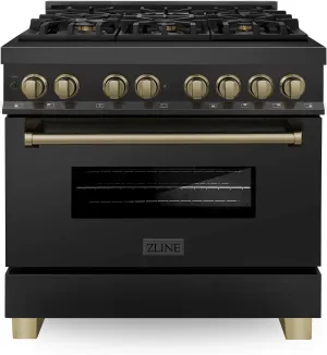 ZLINE Autograph Edition 36 in. 4.6 cu. ft. Legacy Dual Fuel Range with 6 Burner Gas Cooktop and Electric Convection Oven in Black Stainless Steel and Champagne Bronze Accents (RABZ-36-CB)
