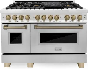 ZLINE Autograph Edition 48 in. 6.0 cu. ft. Legacy Dual Fuel Range with 7 Burner Gas Cooktop and 2 Electric Ovens in Stainless Steel and Champagne Bronze Accents (RAZ-48-CB)