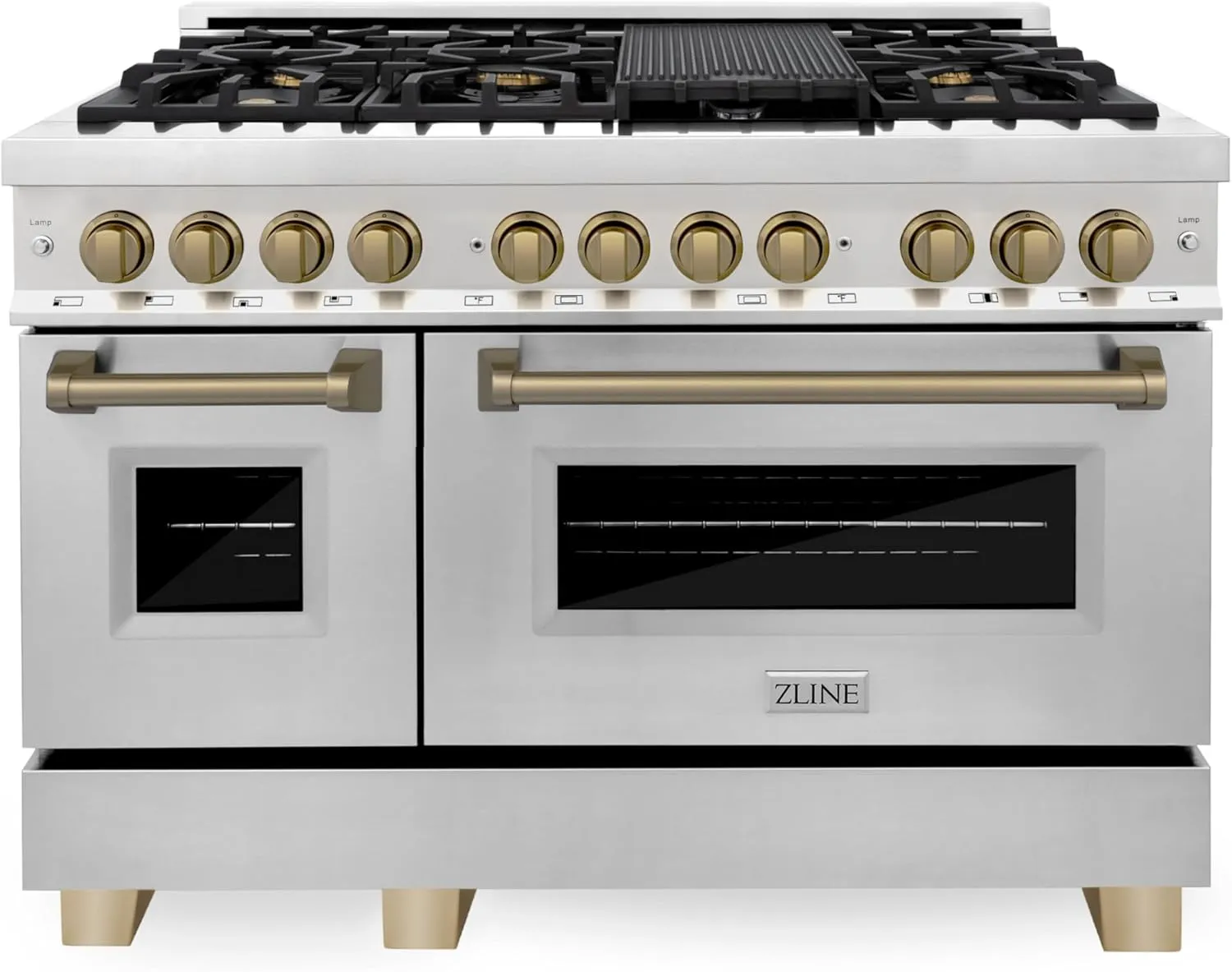 ZLINE Autograph Edition 48 in. 6.0 cu. ft. Legacy Dual Fuel Range with 7 Burner Gas Cooktop and 2 Electric Ovens in Stainless Steel and Champagne Bronze Accents (RAZ-48-CB)
