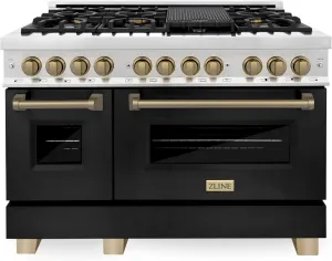 ZLINE Autograph Edition 48 in. 6.0 cu. ft. Legacy Dual Fuel Range with 7 Burner Gas Cooktop and 2 Electric Ovens in Stainless Steel with Black Matte Doors and Champagne Bronze Accents (RAZ-BLM-48-CB)