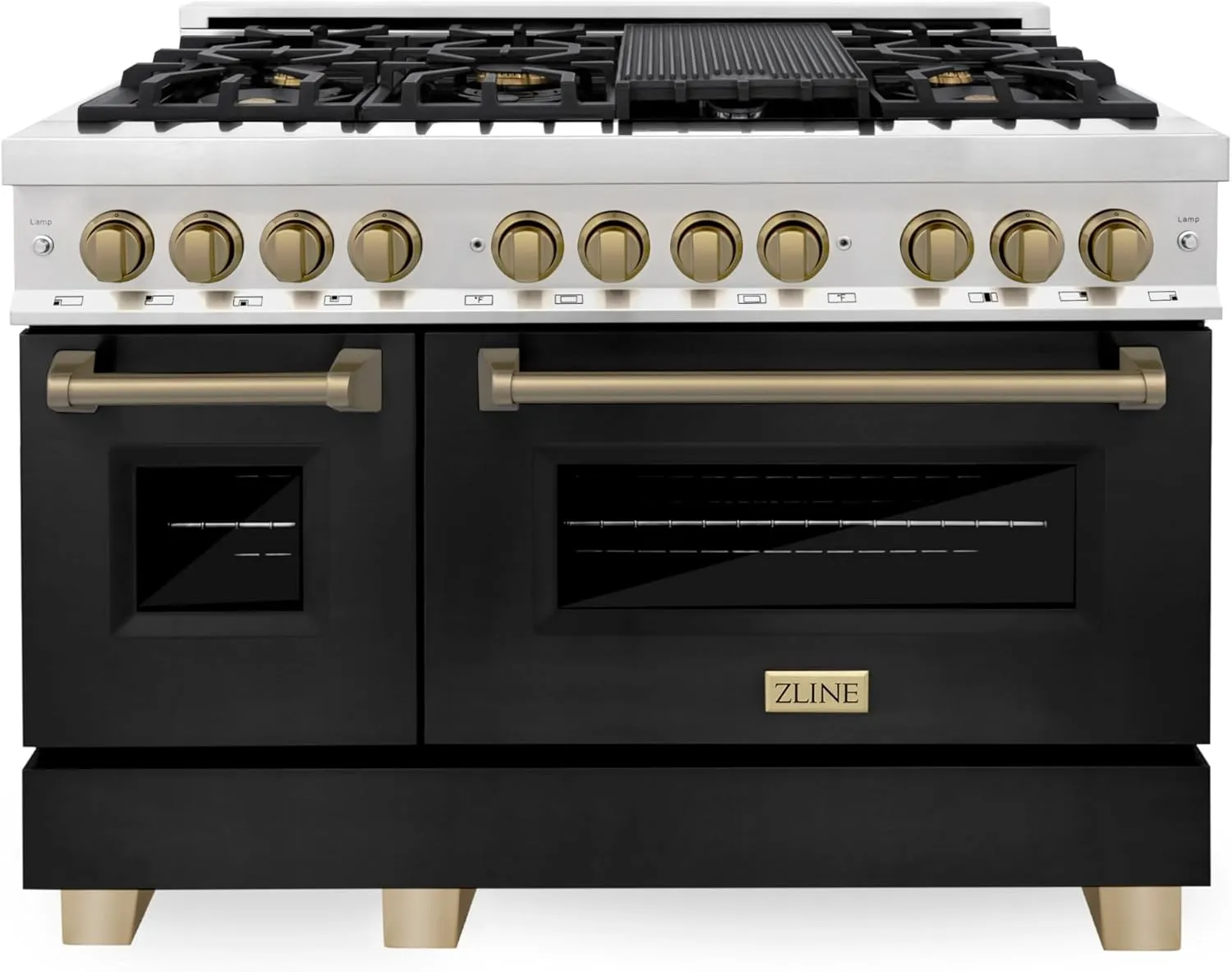 ZLINE Autograph Edition 48 in. 6.0 cu. ft. Legacy Dual Fuel Range with 7 Burner Gas Cooktop and 2 Electric Ovens in Stainless Steel with Black Matte Doors and Champagne Bronze Accents (RAZ-BLM-48-CB)