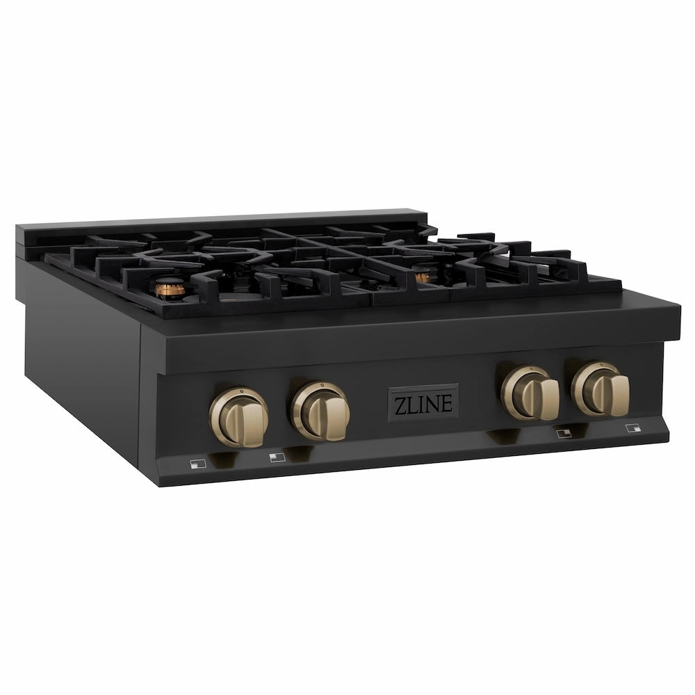 ZLINE Autograph Edition 30 in. Legacy Gas Rangetop with 4 Burners and Porcelain Cooktop in Black Stainless Steel with Champagne Bronze Accents (RTBZ-30-CB)