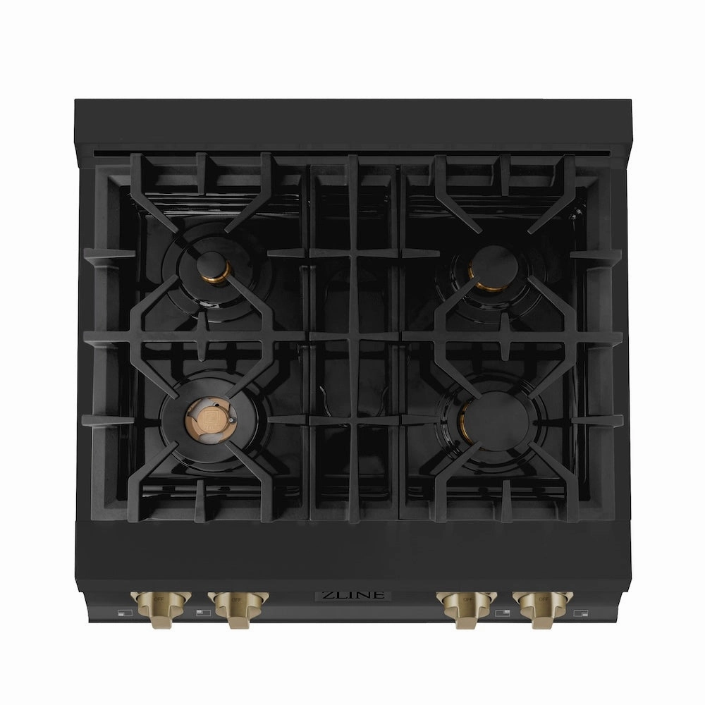 ZLINE Autograph Edition 30 in. Legacy Gas Rangetop with 4 Burners and Porcelain Cooktop in Black Stainless Steel with Champagne Bronze Accents (RTBZ-30-CB)
