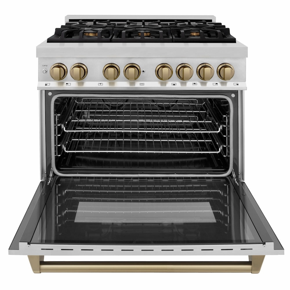 ZLINE Autograph Edition 36 in. Kitchen Package with Stainless Steel Dual Fuel Range, Range Hood, Dishwasher and Refrigeration with Champagne Bronze Accents (4KAPR-RARHDWM36-CB)