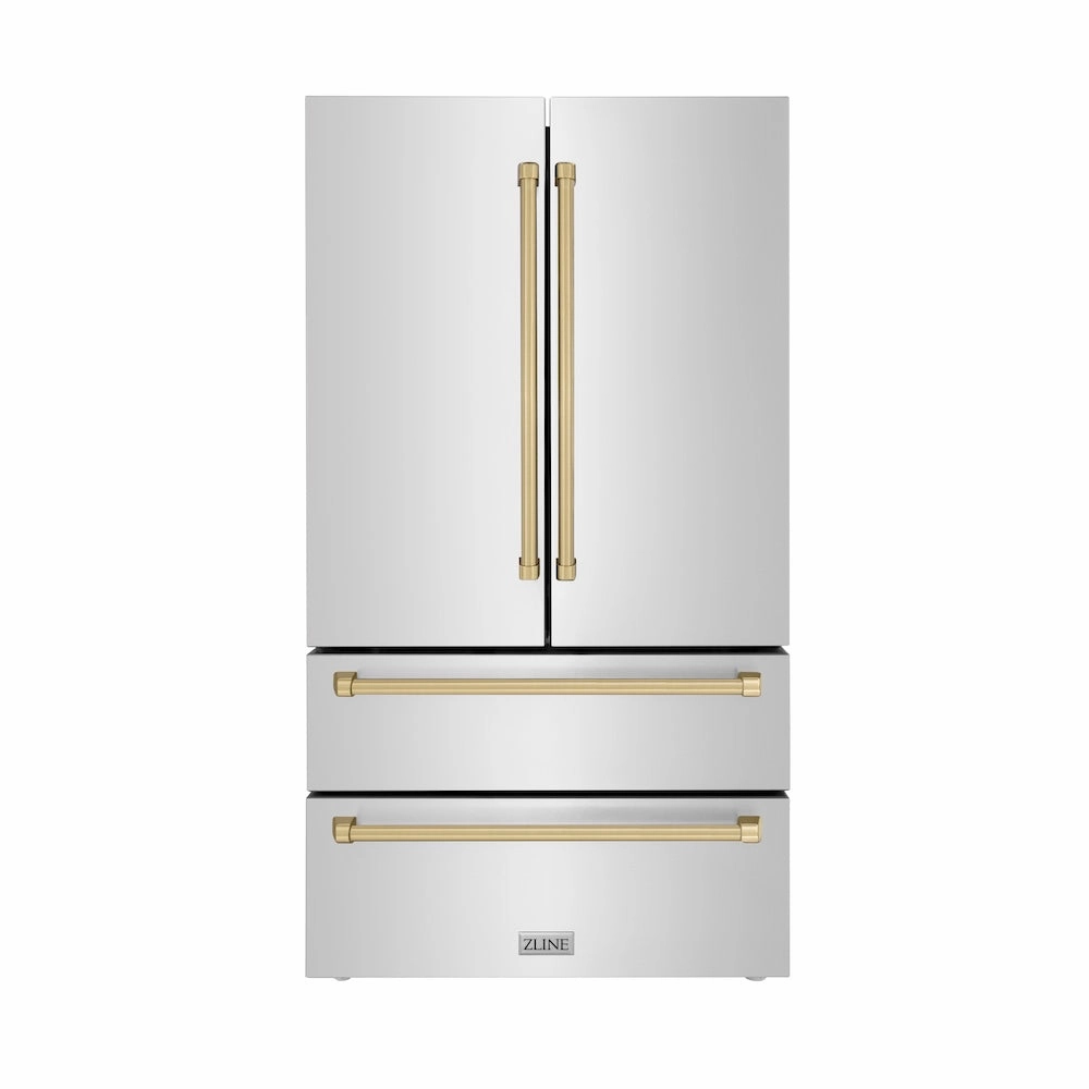 ZLINE Autograph Edition 36 in. Kitchen Package with Stainless Steel Dual Fuel Range, Range Hood, Dishwasher and Refrigeration with Champagne Bronze Accents (4KAPR-RARHDWM36-CB)