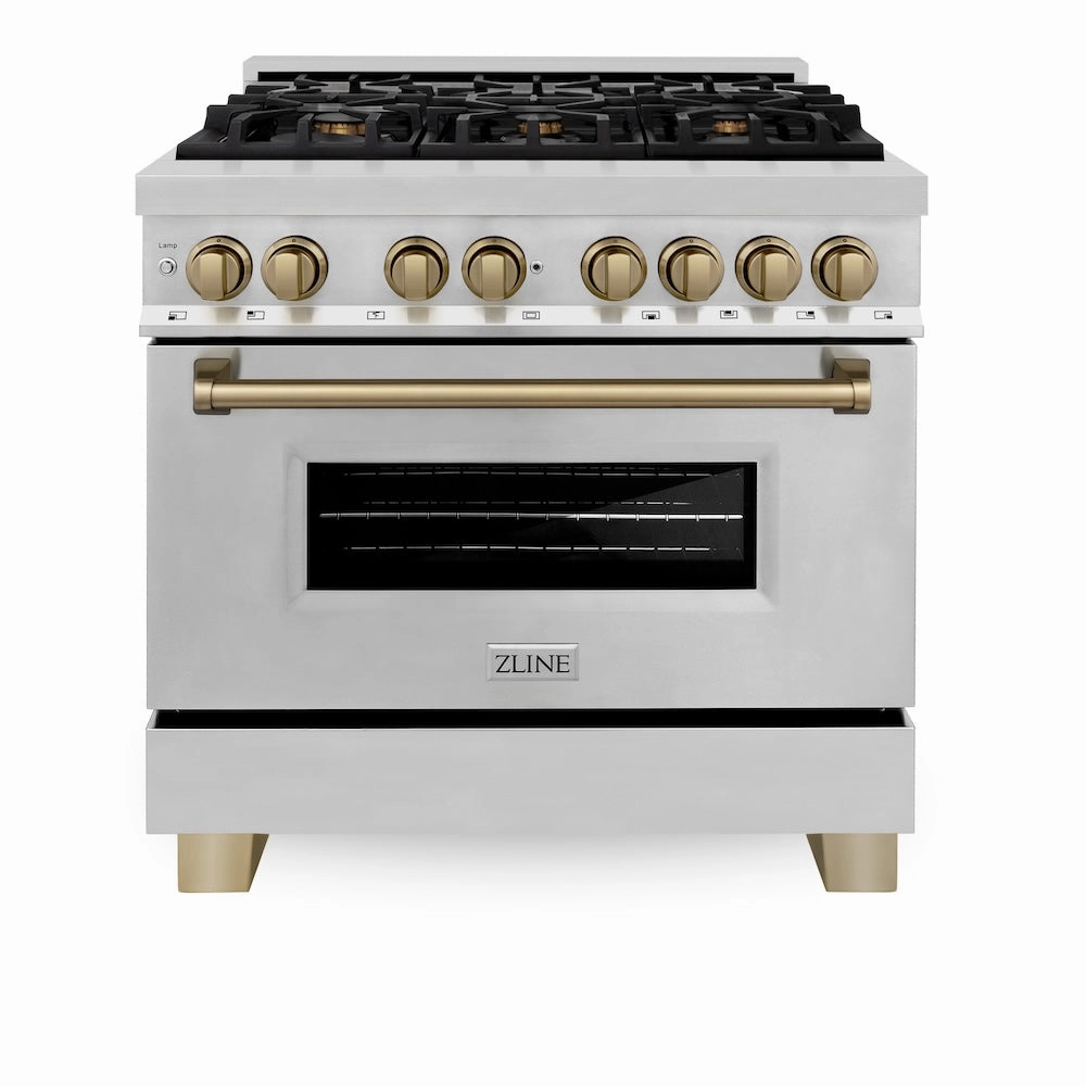 ZLINE Autograph Edition 36 in. Kitchen Package with Stainless Steel Dual Fuel Range, Range Hood, Dishwasher and Refrigeration with Champagne Bronze Accents (4KAPR-RARHDWM36-CB)