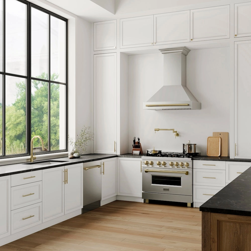 ZLINE Autograph Edition 36 in. Kitchen Package with Stainless Steel Dual Fuel Range, Range Hood, Dishwasher and Refrigeration with Champagne Bronze Accents (4KAPR-RARHDWM36-CB)