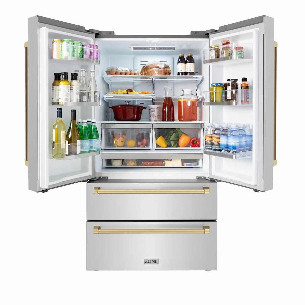 ZLINE Autograph Edition 36 in. Kitchen Package with Stainless Steel Dual Fuel Range, Range Hood, Dishwasher and Refrigeration with Champagne Bronze Accents (4KAPR-RARHDWM36-CB)